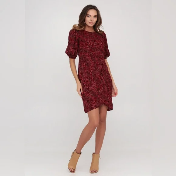 Banana Republic Red & Black Print Puff Sleeve Dress